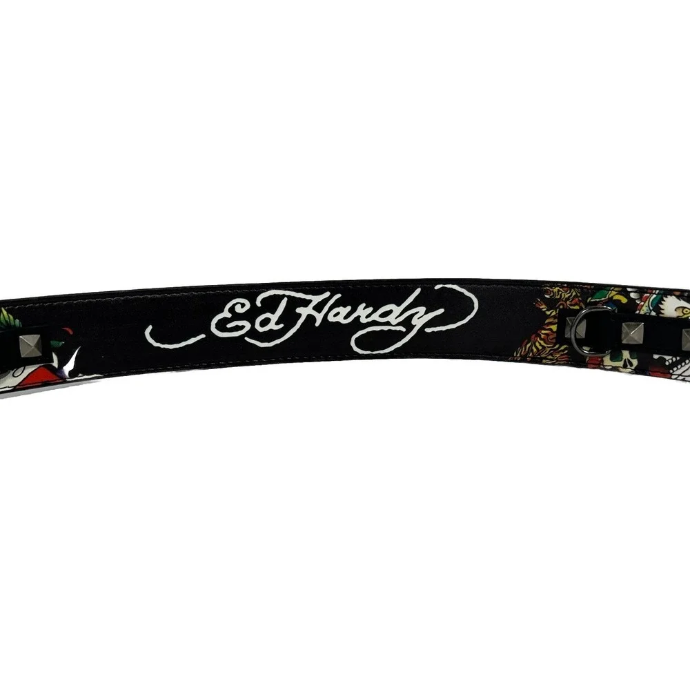 Ed Hardy Tattoo Skull‎ Graphic Studded Belt Black Y2K Punk Unisex Size 36